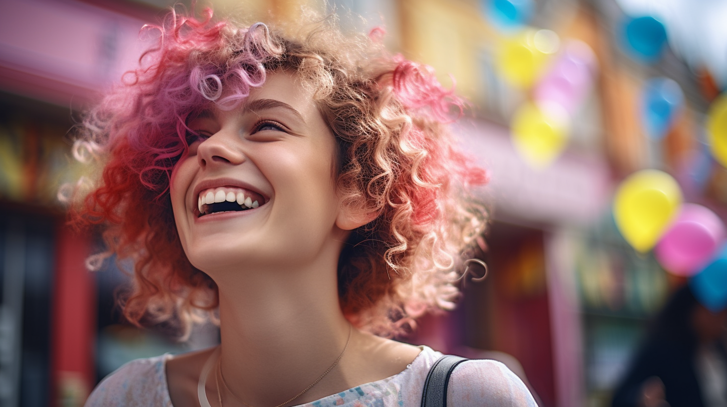 A woman with pink curly hair is smiling in front of balloons.