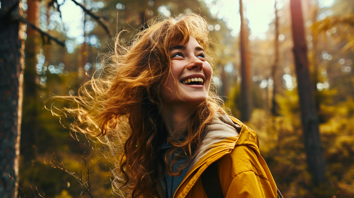 A woman in a yellow jacket is laughing in the woods.
